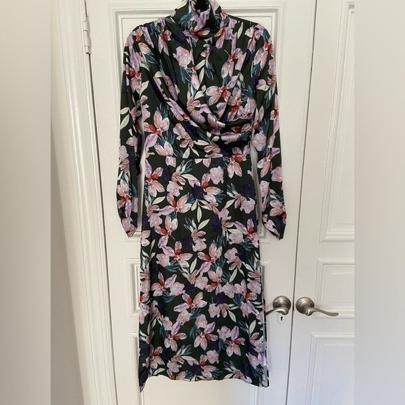 NWT Alexia Admor Satin Draped Mockneck Black Floral Formal Longsleeve Midi Dress - Picture 4 of 16